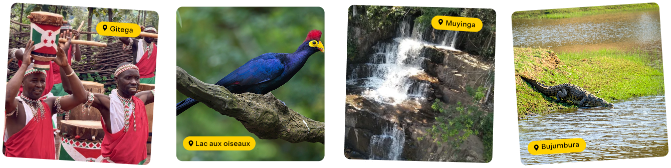 Featured tourist sites in Burundi including Gitega, Lac aux oiseaux, Muyinga, and Bujumbura